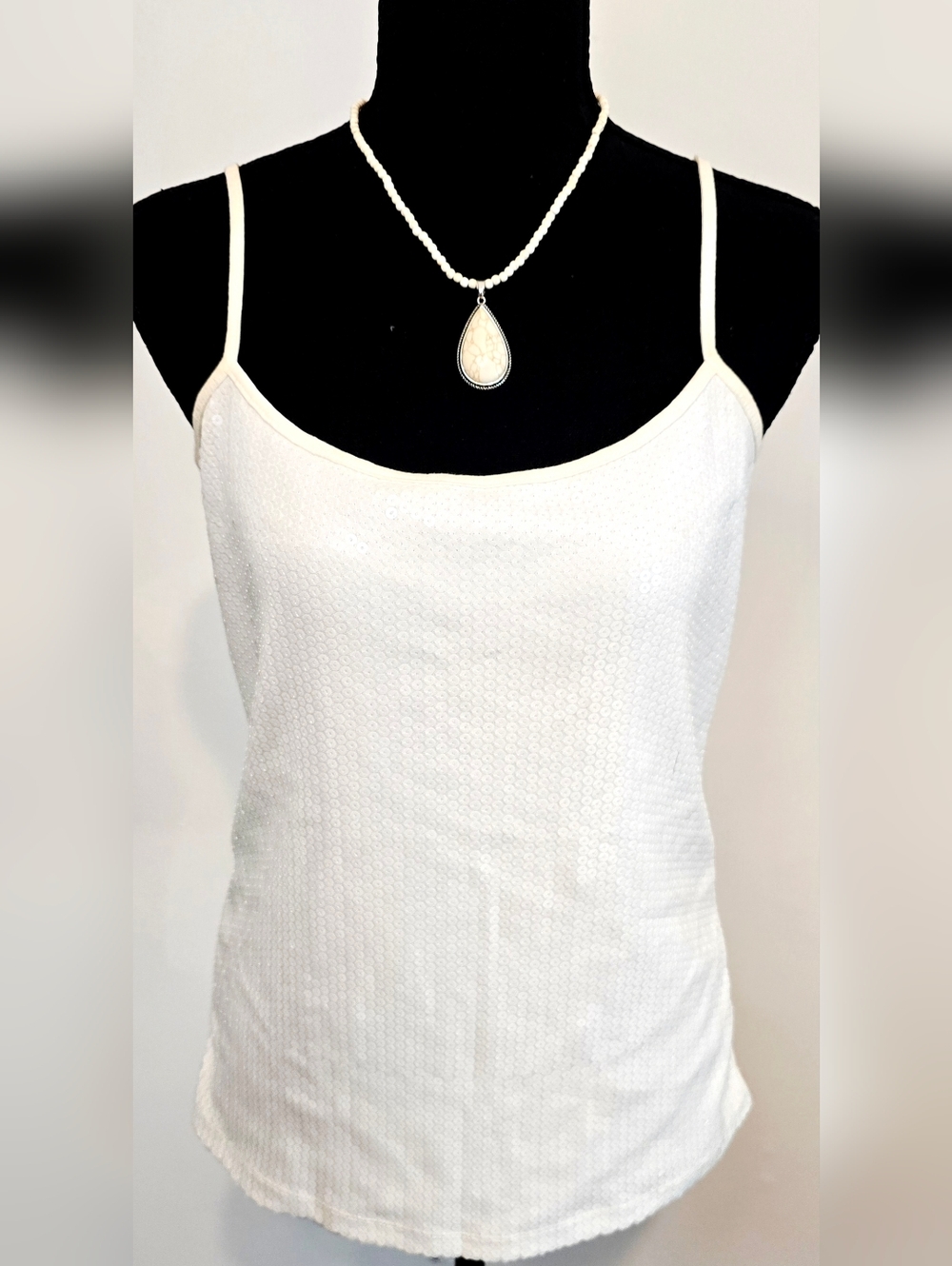 LOFT Ann Taylor Cream Sequin Tank Top Medium Sleeveless Cami Party